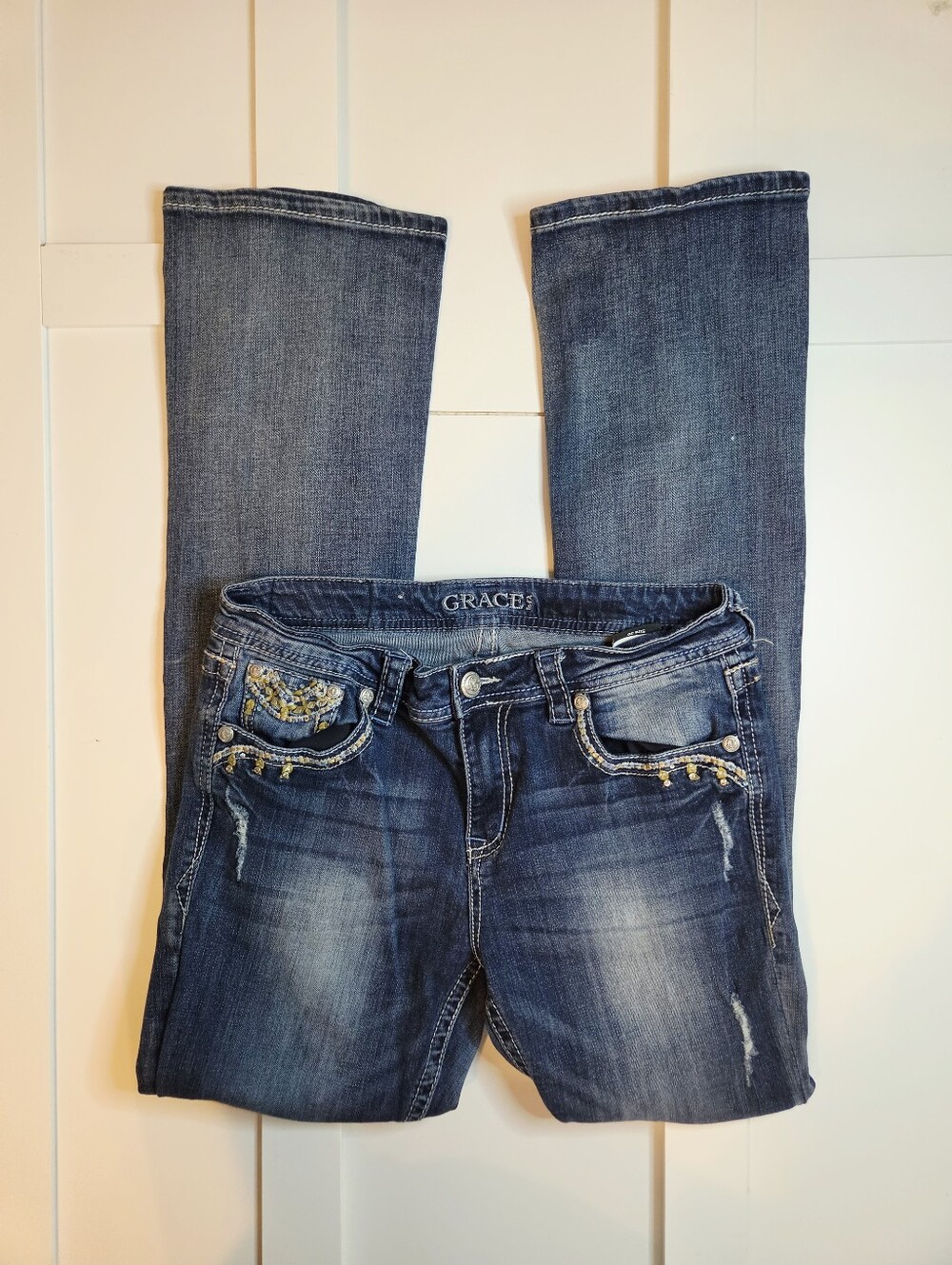 Grace in LA Embellished Bootcut Jeans Size 30 Low Rise Bling Pocket EUC #483